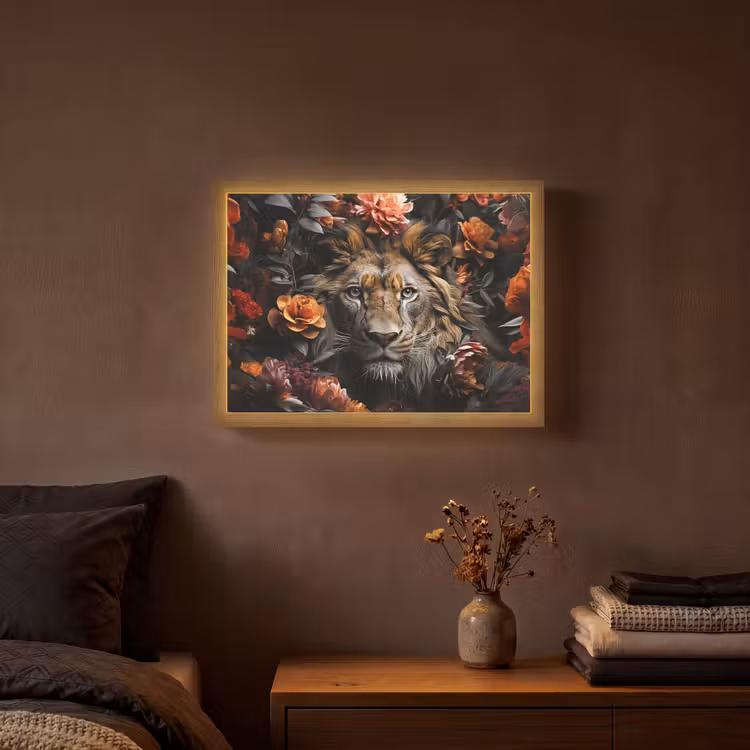 Leeuw - Dier - Natuur - Bloemen - Botanisch Light Box met batterij (Wandlamp) middel -sfeer4