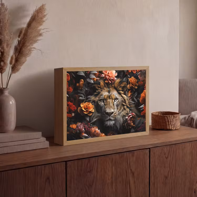 Leeuw - Dier - Natuur - Bloemen - Botanisch Light Box met batterij (Wandlamp) middel -sfeer2