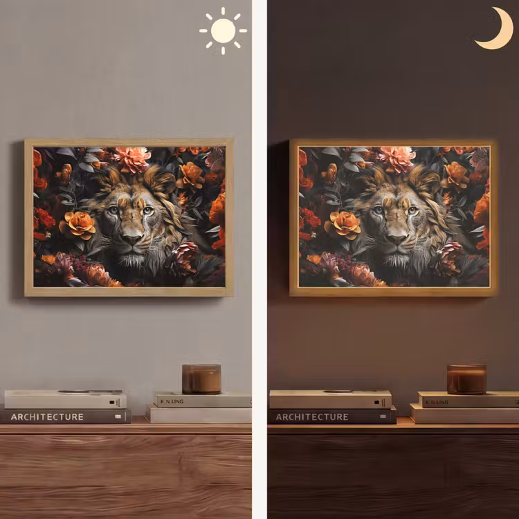 Leeuw - Dier - Natuur - Bloemen - Botanisch Light Box met batterij (Wandlamp) middel -sfeer3