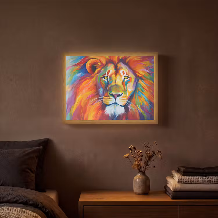 Leeuw - Dieren - Olieverf - Regenboog Light Box met batterij (Wandlamp) middel -sfeer4