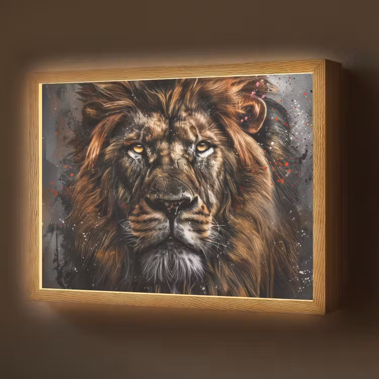 Leeuw - Dieren - Portret - Zwart - Luxe Light Box met batterij (Wandlamp) middel -z3d_website