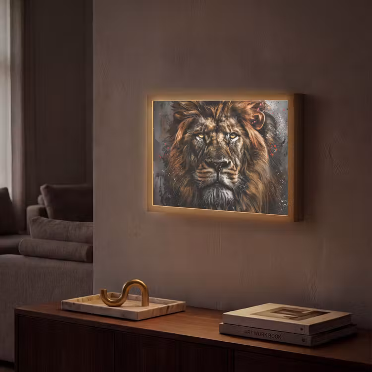 Leeuw - Dieren - Portret - Zwart - Luxe Light Box met batterij (Wandlamp) middel -sfeer1