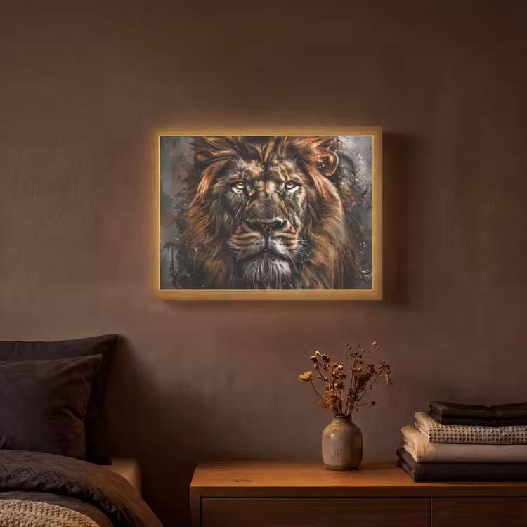 Leeuw - Dieren - Portret - Zwart - Luxe Light Box met batterij (Wandlamp) middel -sfeer4