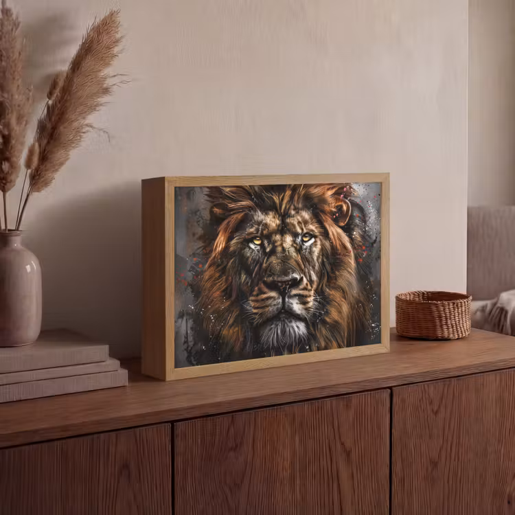 Leeuw - Dieren - Portret - Zwart - Luxe Light Box met batterij (Wandlamp) middel -sfeer2
