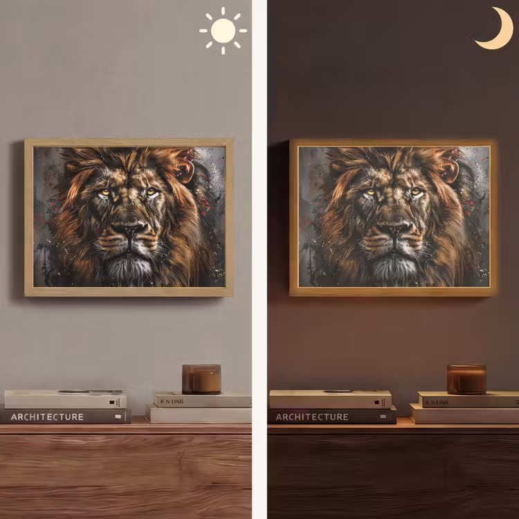 Leeuw - Dieren - Portret - Zwart - Luxe Light Box met batterij (Wandlamp) middel -sfeer3