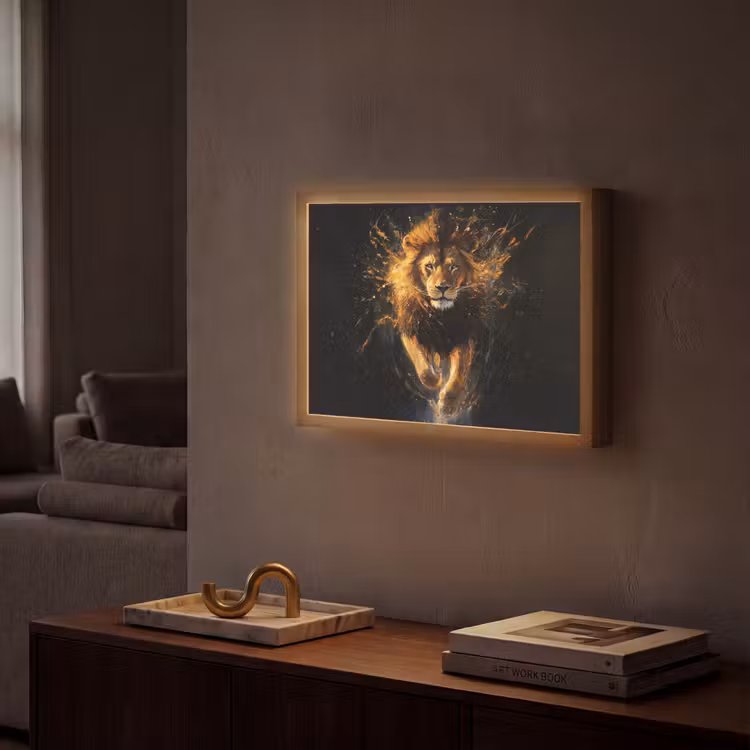Leeuw - Zwart - Oranje - Verf Light Box met batterij (Wandlamp) middel -sfeer1