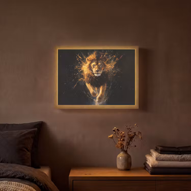Leeuw - Zwart - Oranje - Verf Light Box met batterij (Wandlamp) middel -sfeer4