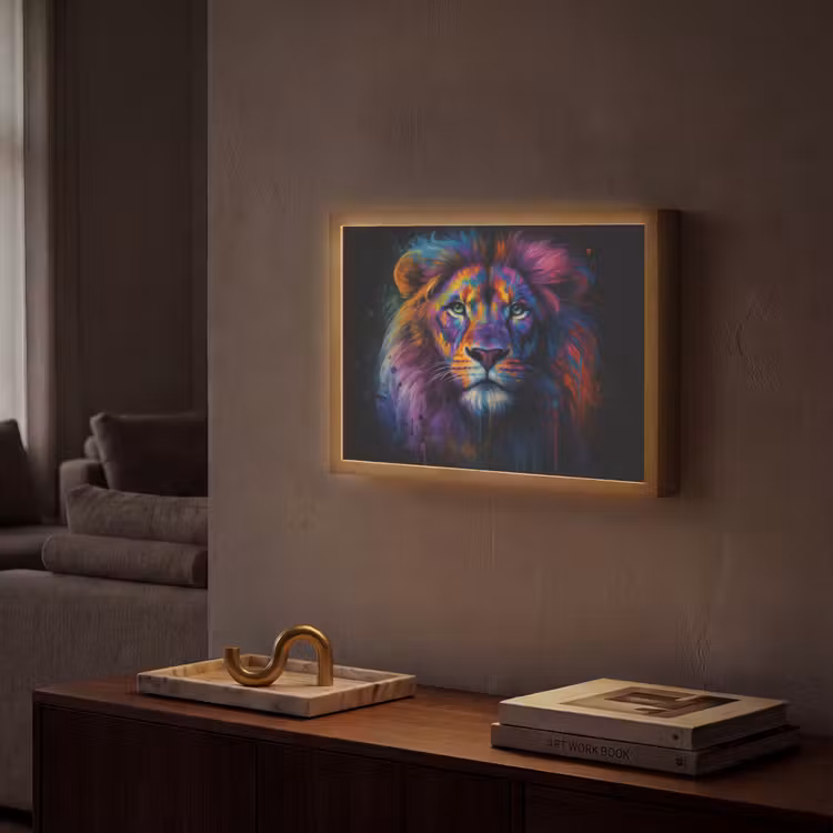 Leeuwenkop - Felgekleurd - Abstract Light Box met batterij (Wandlamp) middel -sfeer1