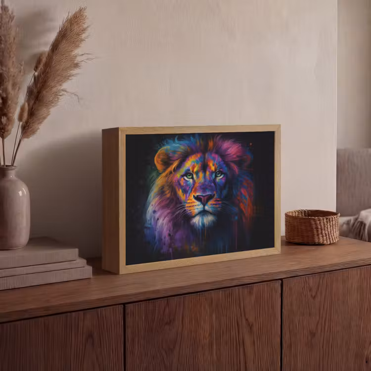 Leeuwenkop - Felgekleurd - Abstract Light Box met batterij (Wandlamp) middel -sfeer2