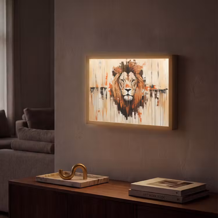 Leeuwenkop - Lijnen - Crème Light Box met batterij (Wandlamp) middel -sfeer1
