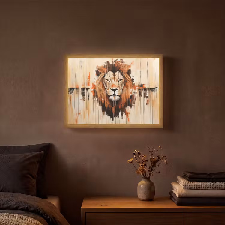 Leeuwenkop - Lijnen - Crème Light Box met batterij (Wandlamp) middel -sfeer4