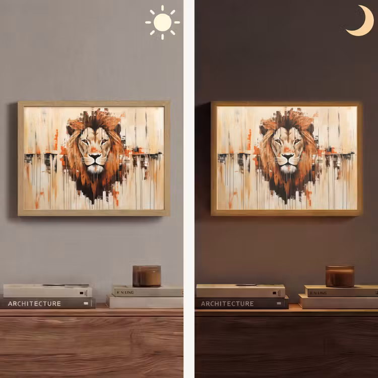 Leeuwenkop - Lijnen - Crème Light Box met batterij (Wandlamp) middel -sfeer3