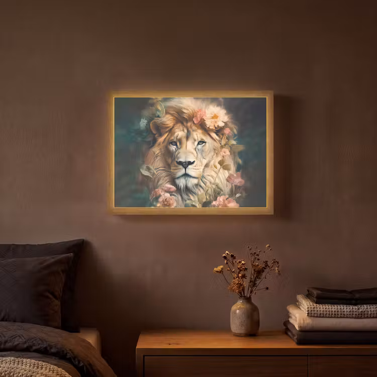 Leeuw - Leeuwenkop - Wilde dieren - Bloemen Light Box met batterij (Wandlamp) middel -sfeer4