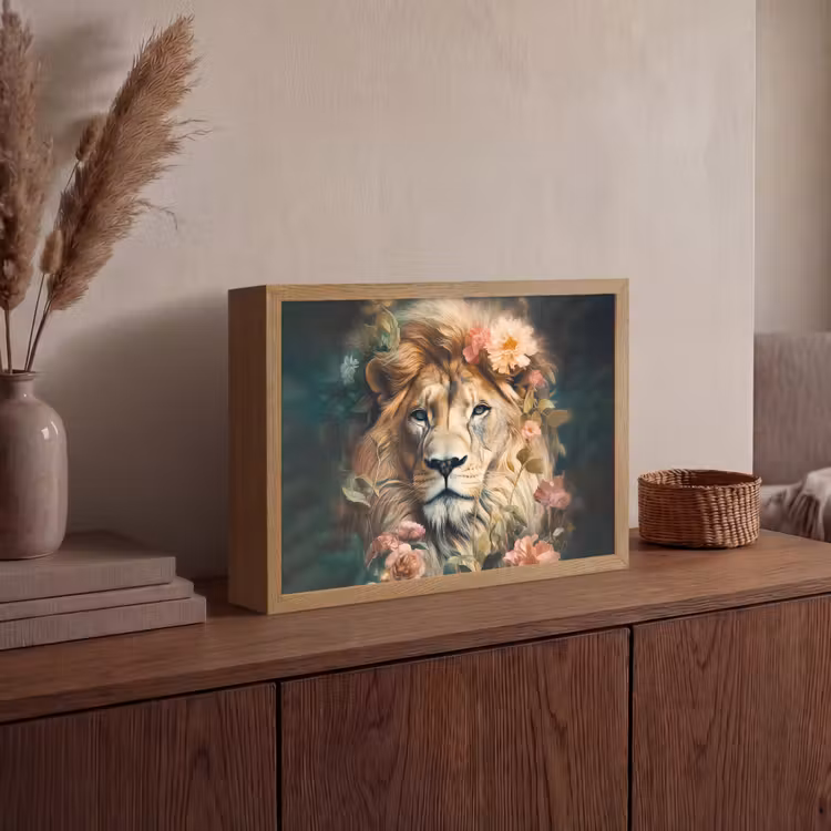 Leeuw - Leeuwenkop - Wilde dieren - Bloemen Light Box met batterij (Wandlamp) middel -sfeer2