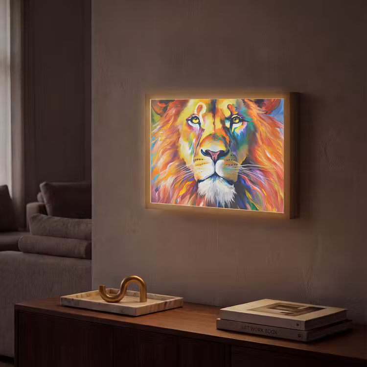 Leeuw - Olieverf - Kunst - Dieren Light Box met batterij (Wandlamp) middel -sfeer1