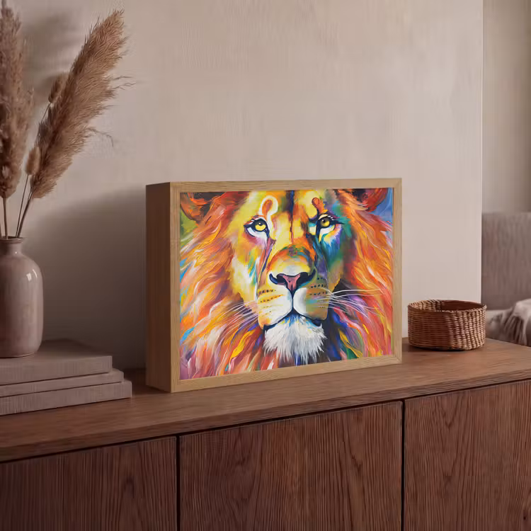 Leeuw - Olieverf - Kunst - Dieren Light Box met batterij (Wandlamp) middel -sfeer2