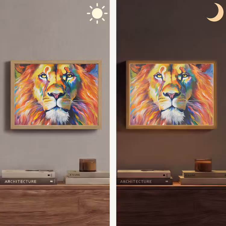 Leeuw - Olieverf - Kunst - Dieren Light Box met batterij (Wandlamp) middel -sfeer3