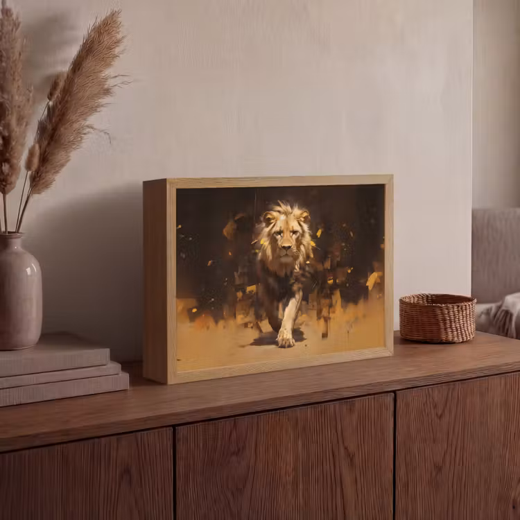 Leeuw - Geschilderd - Abstract - Goud Light Box met batterij (Wandlamp) middel -sfeer2