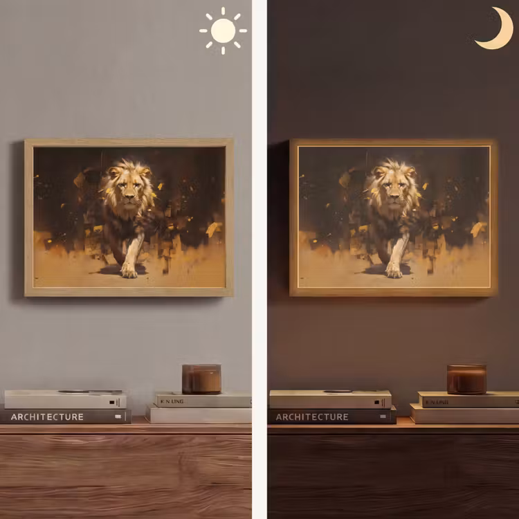 Leeuw - Geschilderd - Abstract - Goud Light Box met batterij (Wandlamp) middel -sfeer3