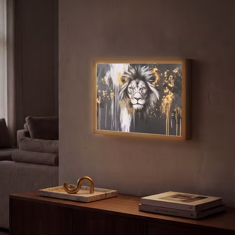 Leeuw - Portret - Verfspatten - Grijs Light Box met batterij (Wandlamp) middel -sfeer1