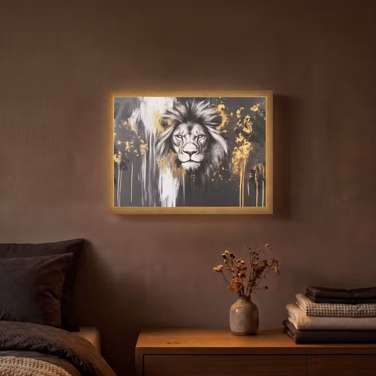 Leeuw - Portret - Verfspatten - Grijs Light Box met batterij (Wandlamp) middel -sfeer4
