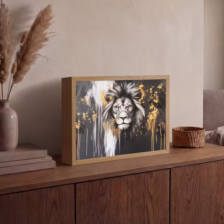 Leeuw - Portret - Verfspatten - Grijs Light Box met batterij (Wandlamp) middel -sfeer2