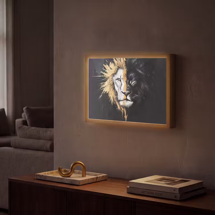 Leeuw - Gesplitst - Zwart - Lijn Light Box met batterij (Wandlamp) middel -sfeer1