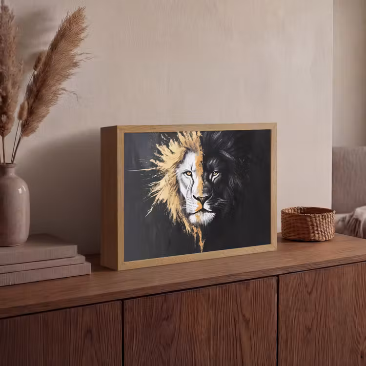 Leeuw - Gesplitst - Zwart - Lijn Light Box met batterij (Wandlamp) middel -sfeer2