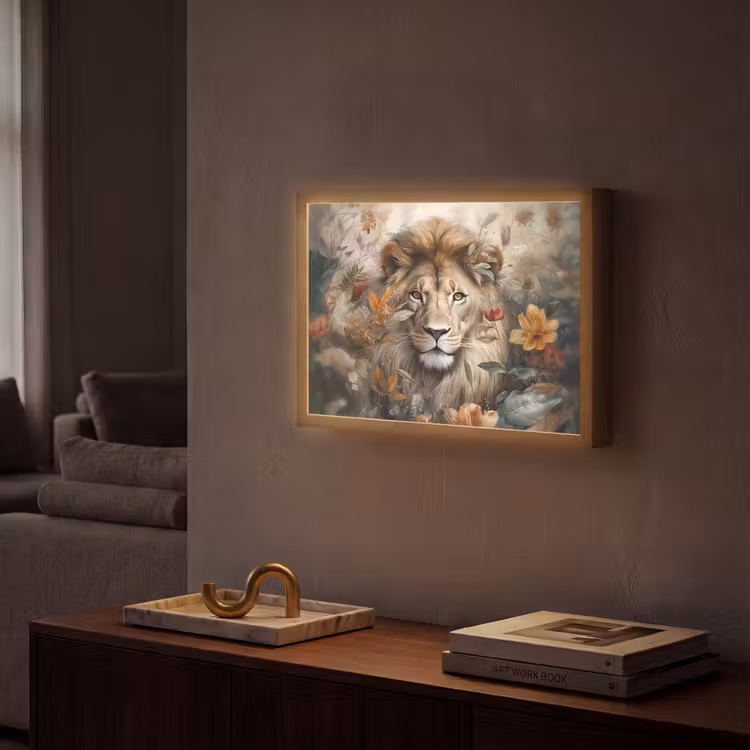Leeuw - Wilde dieren - Planten - Natuur - Bloemen Light Box met batterij (Wandlamp) middel -sfeer1