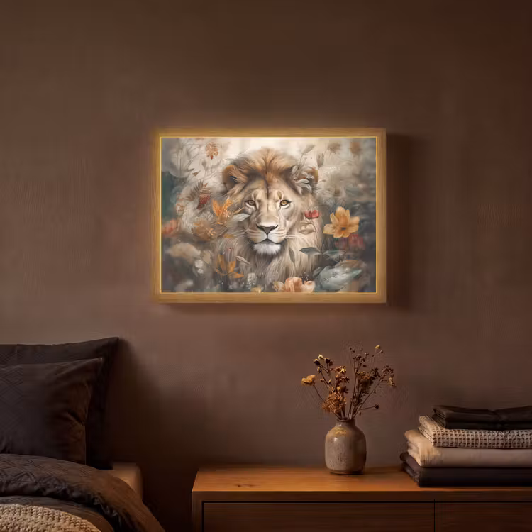 Leeuw - Wilde dieren - Planten - Natuur - Bloemen Light Box met batterij (Wandlamp) middel -sfeer4