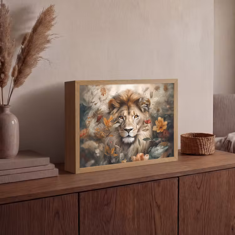 Leeuw - Wilde dieren - Planten - Natuur - Bloemen Light Box met batterij (Wandlamp) middel -sfeer2