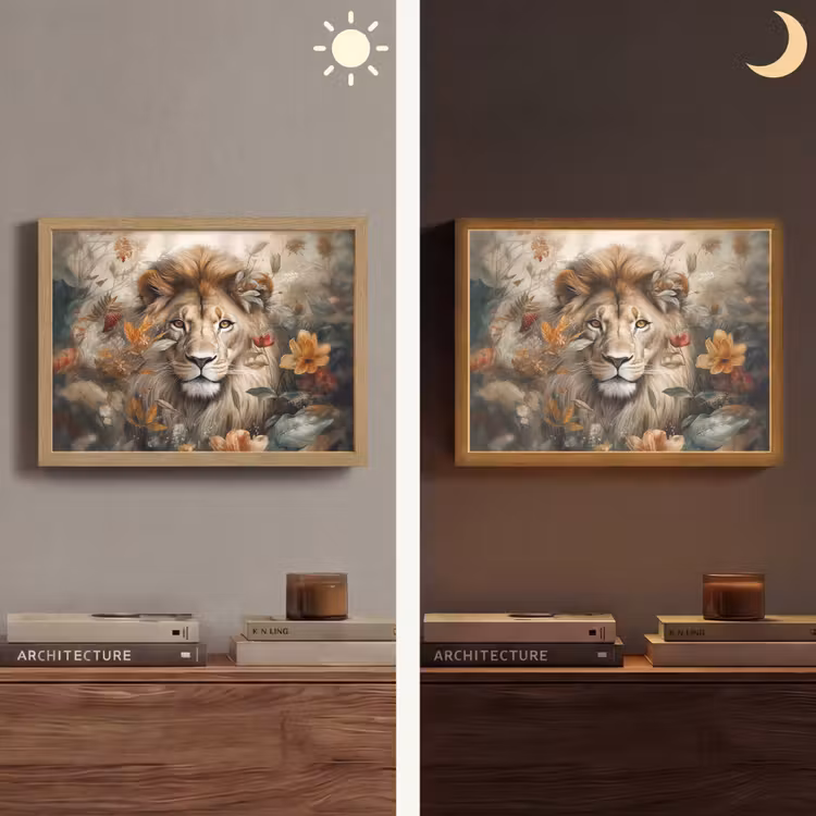 Leeuw - Wilde dieren - Planten - Natuur - Bloemen Light Box met batterij (Wandlamp) middel -sfeer3