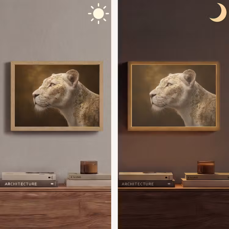 Leeuwin - Bloemen - Wit - Goud Light Box met batterij (Wandlamp) middel -sfeer3