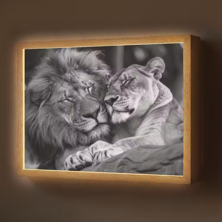 Leeuwen - Dieren - Zwart - Wit - Leeuw Light Box met batterij (Wandlamp) middel -z3d_website