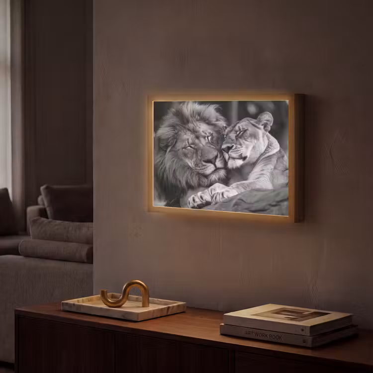 Leeuwen - Dieren - Zwart - Wit - Leeuw Light Box met batterij (Wandlamp) middel -sfeer1