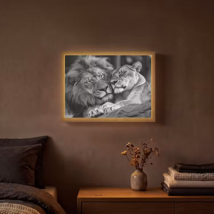 Leeuwen - Dieren - Zwart - Wit - Leeuw Light Box met batterij (Wandlamp) middel -sfeer4