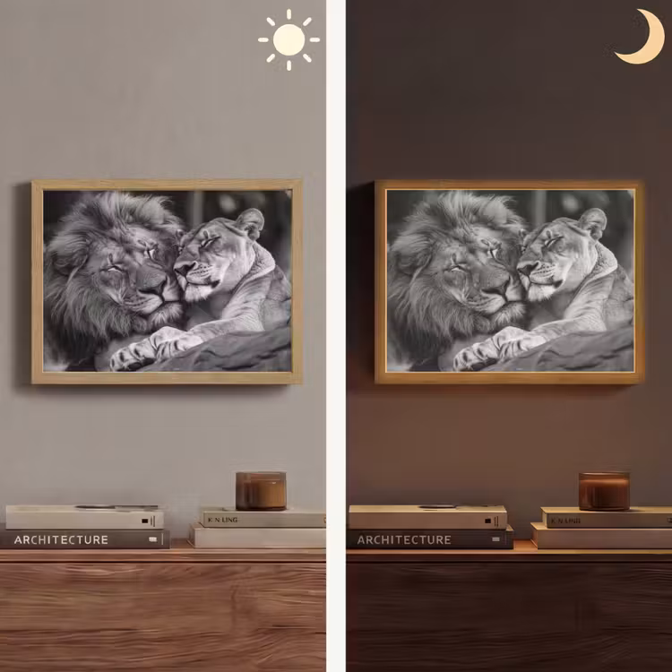 Leeuwen - Dieren - Zwart - Wit - Leeuw Light Box met batterij (Wandlamp) middel -sfeer3