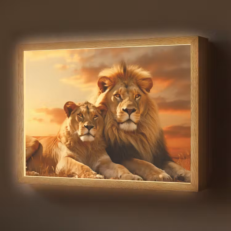 Leeuwen - Zonsondergang - Afrika - Savanne - Dieren Light Box met batterij (Wandlamp) middel -z3d_website