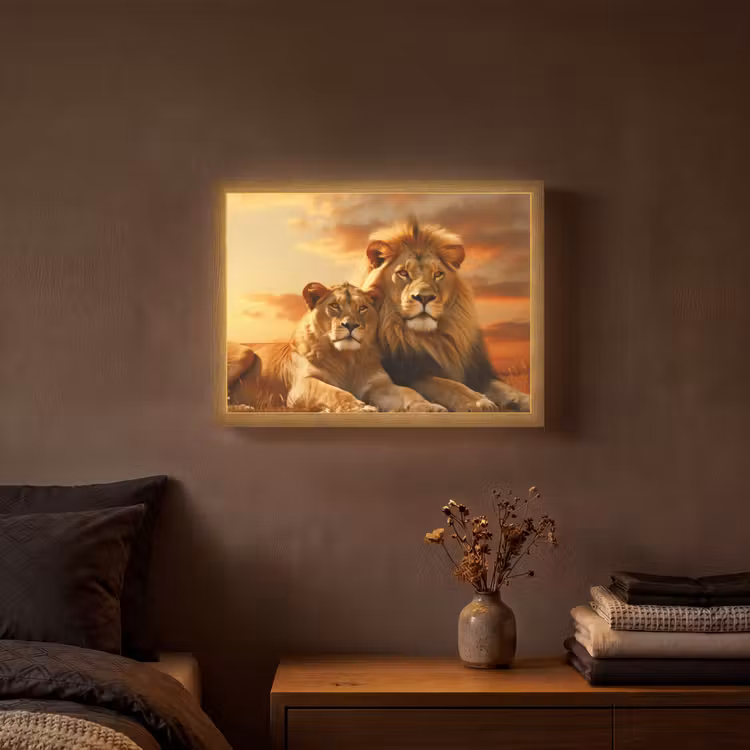 Leeuwen - Zonsondergang - Afrika - Savanne - Dieren Light Box met batterij (Wandlamp) middel -sfeer4