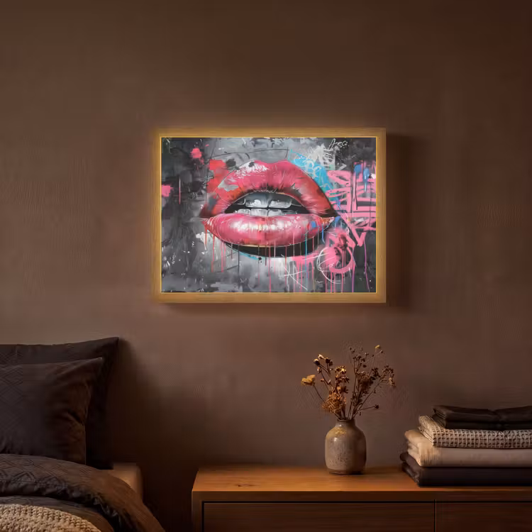 Lippen - Felroze - Graffiti - Verfstrepen Light Box met batterij (Wandlamp) middel -sfeer4