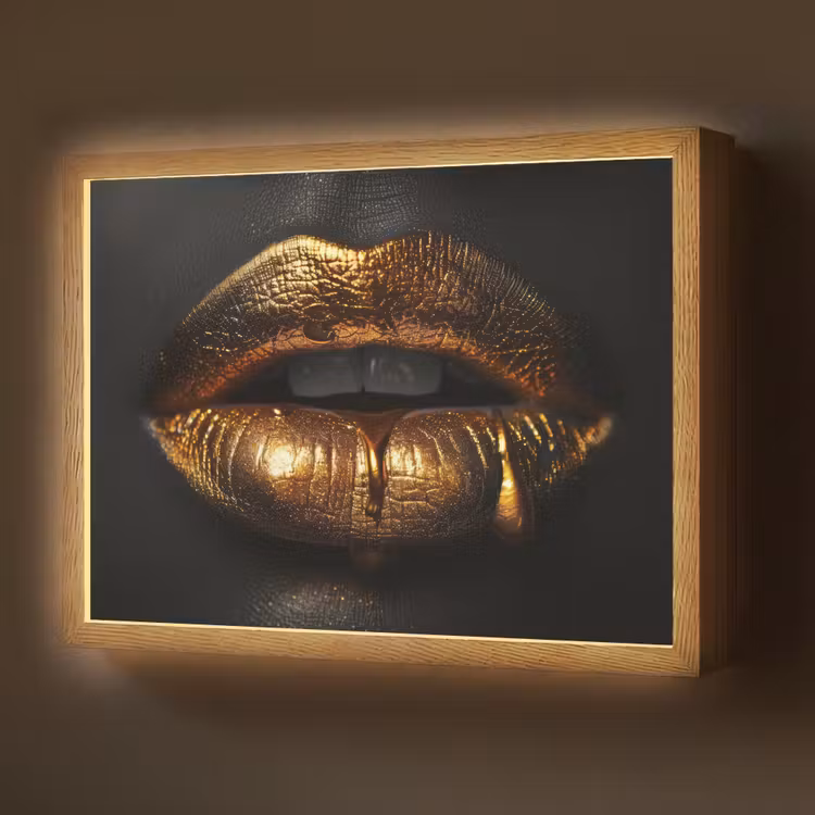 Lippen - Goud - Abstract - Zwart - Aesthetic Light Box met batterij (Wandlamp) middel -z3d_website