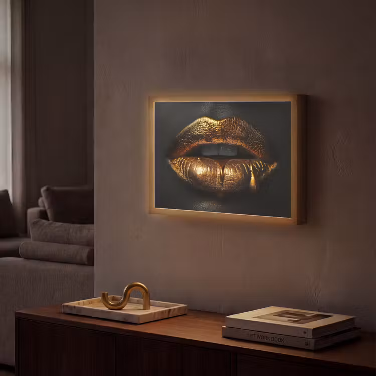 Lippen - Goud - Abstract - Zwart - Aesthetic Light Box met batterij (Wandlamp) middel -sfeer1