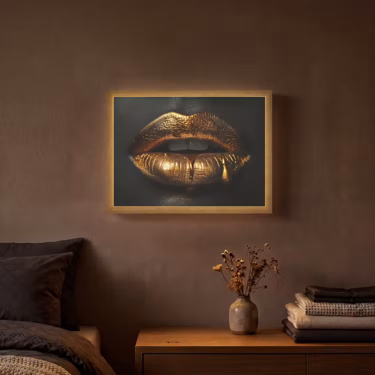 Lippen - Goud - Abstract - Zwart - Aesthetic Light Box met batterij (Wandlamp) middel -sfeer4