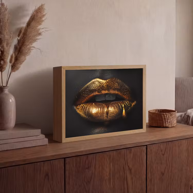 Lippen - Goud - Abstract - Zwart - Aesthetic Light Box met batterij (Wandlamp) middel -sfeer2