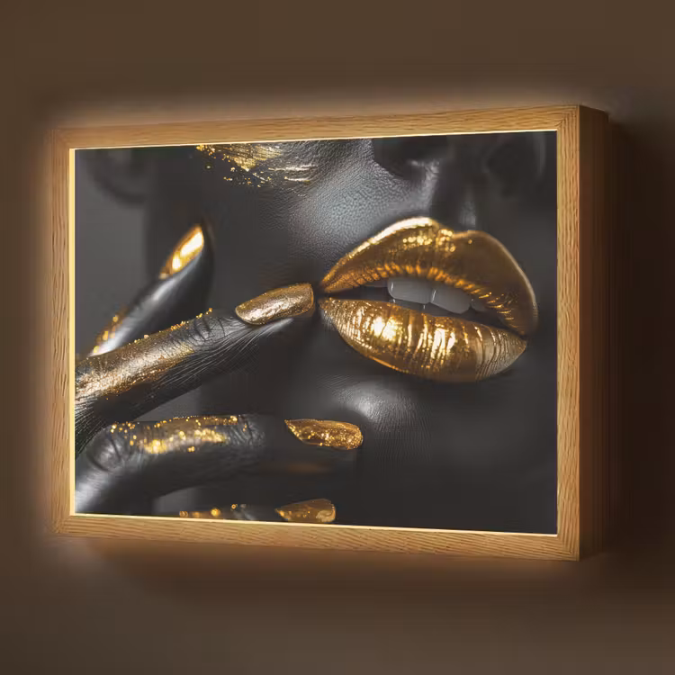 Lippen - Goud - Abstract - Zwart - Vrouw Light Box met batterij (Wandlamp) middel -z3d_website