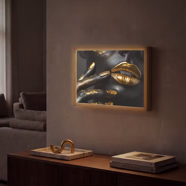 Lippen - Goud - Abstract - Zwart - Vrouw Light Box met batterij (Wandlamp) middel -sfeer1