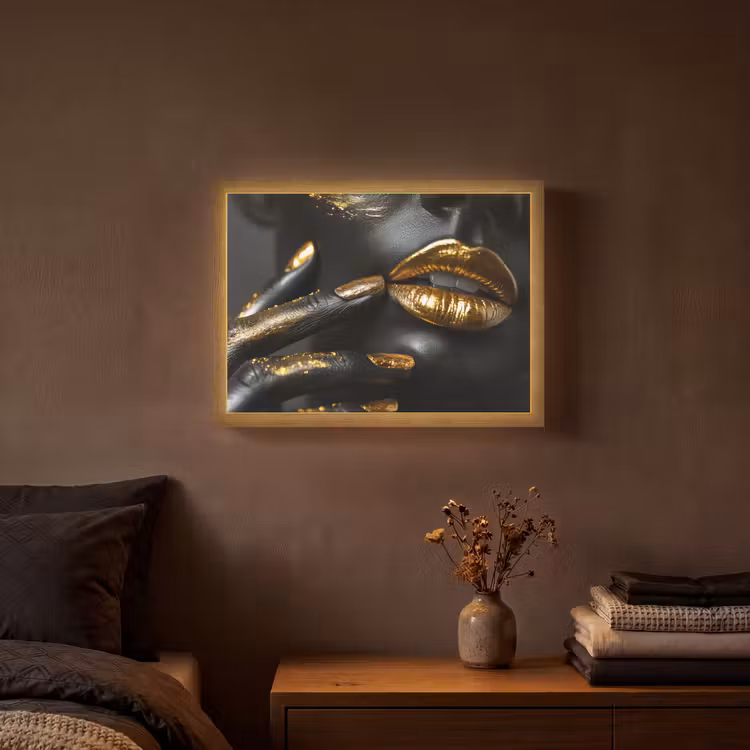 Lippen - Goud - Abstract - Zwart - Vrouw Light Box met batterij (Wandlamp) middel -sfeer4