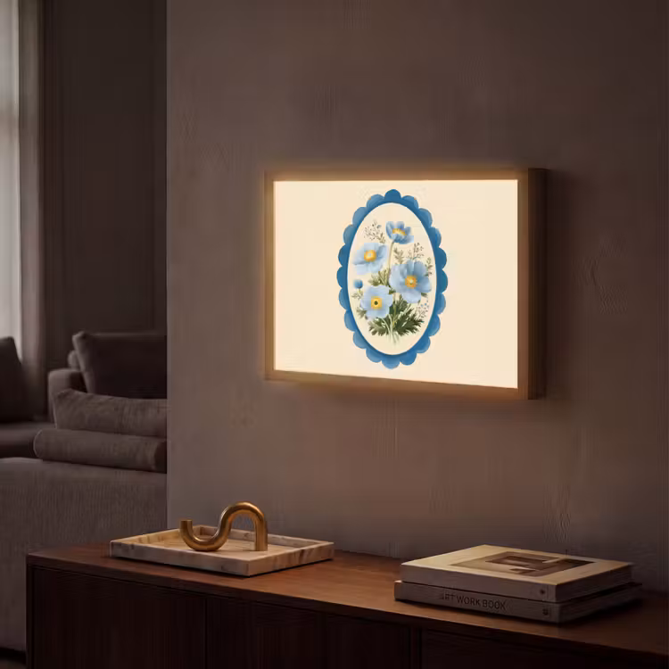 Lijst - Bloemen - Lichtblauw - Illustratie Light Box met batterij (Wandlamp) middel -sfeer1