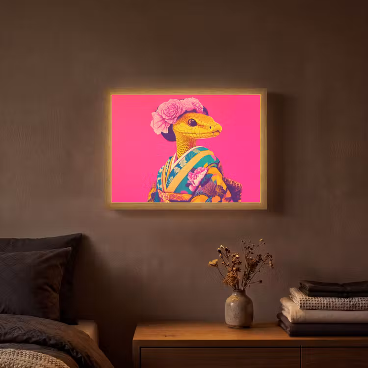 Hagedis - Bloemen - Roze - Kimono Light Box met batterij (Wandlamp) middel -sfeer4