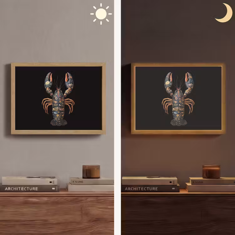 Kreeft - Zwart - Bloemenpatroon - Artistiek Light Box met batterij (Wandlamp) middel -sfeer3
